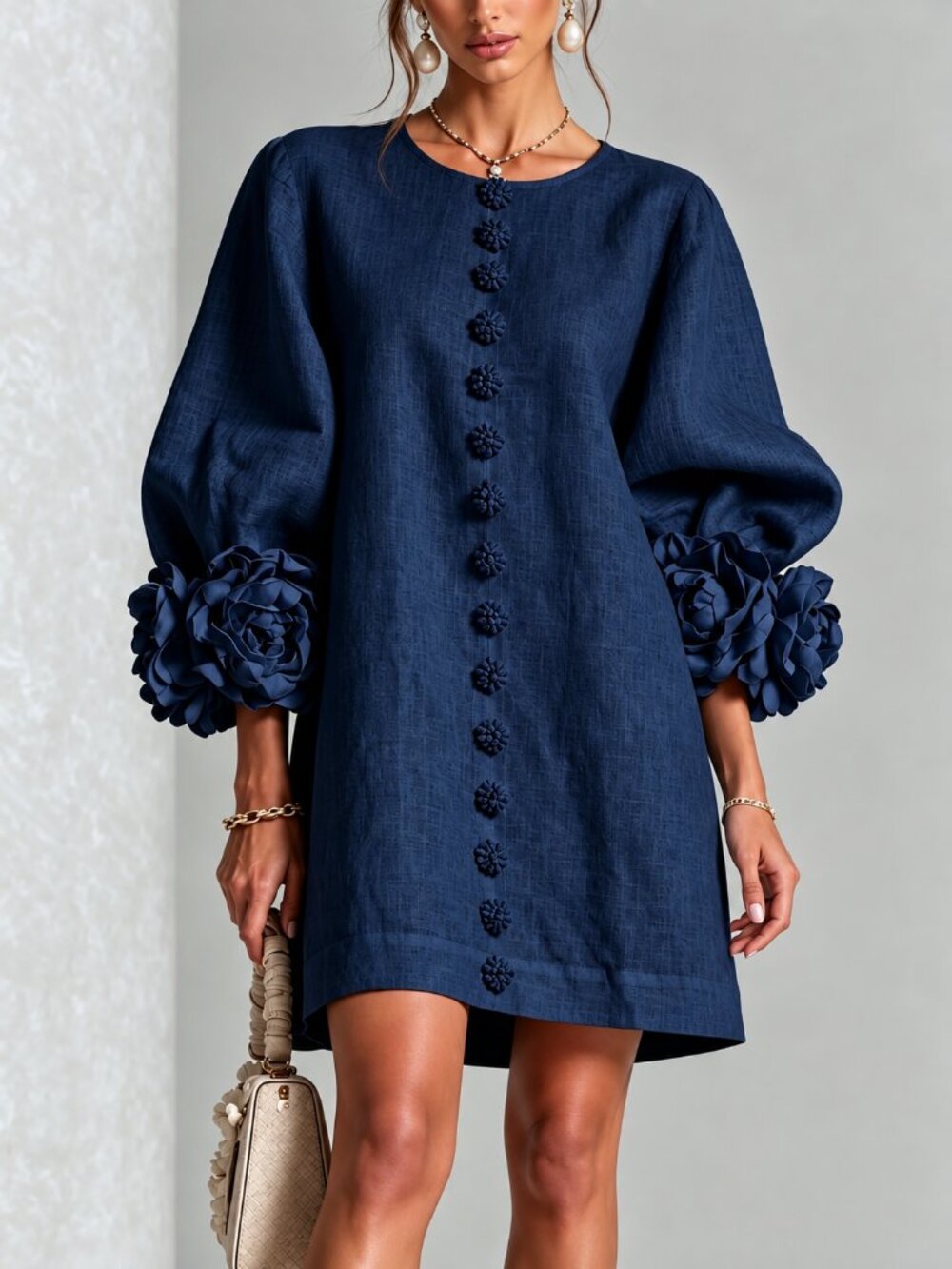 Women's 3D Floral Round Neck Mini Dress Party Cocktail Vacation